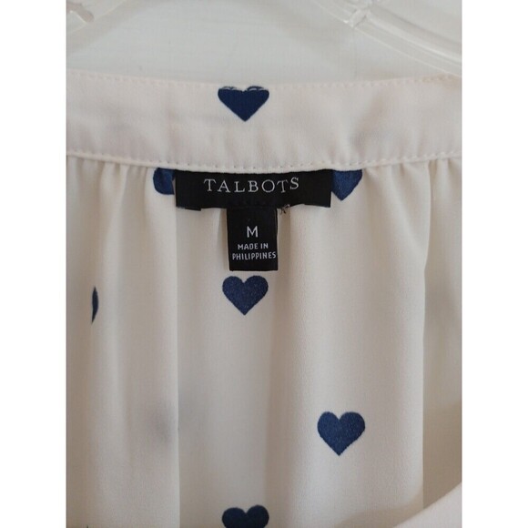 Talbots navy ivory heart print blouse M classic office pullover polyester modest - Picture 3 of 9